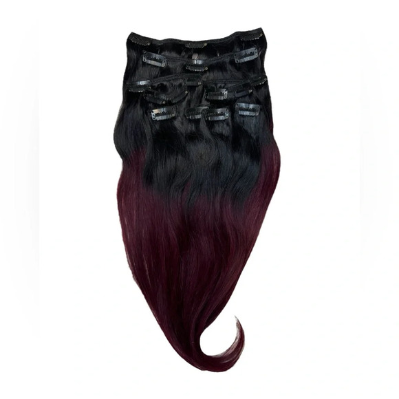 100% Human hair 16 Inches Clip in Hair extensions Balayage Black & Red 1B/ 99J - Picture 5 of 6